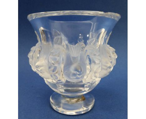 A modern Lalique crystal campana-style vase: decorated in high relief with a band of alternating opposing birds, circular foo