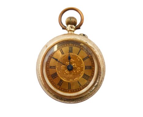 A lady's late 19th / early 20th century continental gold-cased pocket fob watch: engraved textured dial with Roman numerals a