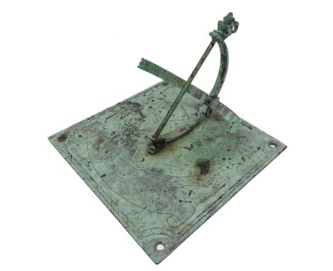 A bronze sundial with engraved central style and compass points, signed 'Myers - Londini' (probably 20th century) (25.5cm squ