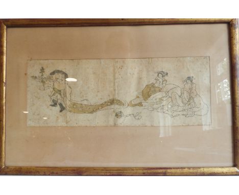 19th century Japanese print - Scene with moustached scholar carrying a miniature garden, two concubines looking on demurely (