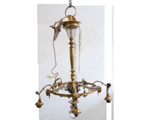 A large and fine gilt-metal mounted five-light ceiling-hanging candelabra, the elaborate oriental style gilt-metal rose cast 