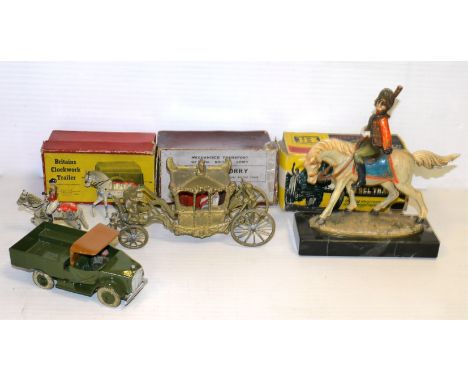 Britains boxed 1877 Beetle Lorry, 2041 Clockwork Trailer and Fordson Super Major tractor, Fontanini Italian plastic mounted N