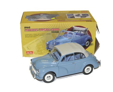 Sun Star 1:12 Scale blue Morris Minor Tourer (Convertible) 1960, bonnet badge detached, loose in box, VG, original plain box,