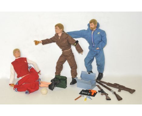 1970s Action Men and Accessories, six figures, some missing hands, assorted clothing including Arsenal Kit, West Ham top, Mil