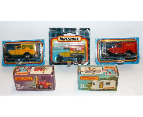 1980s and 1990s Matchbox, cars, vans, industrial and commercial vehicles including MB-44 1921 Ford Model 'T' Van Royal Mail, 