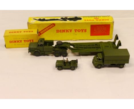 Dinky Military Vehicles, 660 Tank Transporter (4), 621 3-Ton Army Wagon and 674 Austin Champ, four in original boxes, P-G, bo