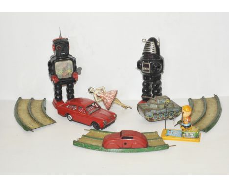 Tinplate Toys,  1960's Yoshiya high wheel robot, Einfalt ballerina 'Spiro' clockwork car and others, P-G (qty)