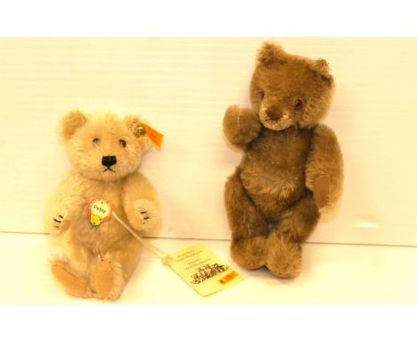 Small 1960s Steiff Teddy Bear, mask face, missing most of his right ear, light brown mohair, together with a modern Steiff 'P