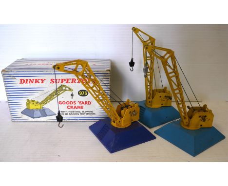 Dinky Supertoys 973 Goods Yard Crane, four examples, three light blue base, one dark blue base, one in original box, G-VG, bo