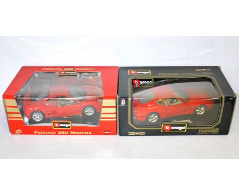 Burago Ferrari Models, 1:18 scale including 3046 Ferrari 456GT and 3358 Ferrari 360 Modena, in original boxes, VG-E, boxes G-