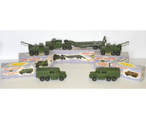 Dinky Military Vehicles, 661 Recovery Tractor (2), 689 Medium Artillery Tractor (2) and 660 Tank Transporter, all in original
