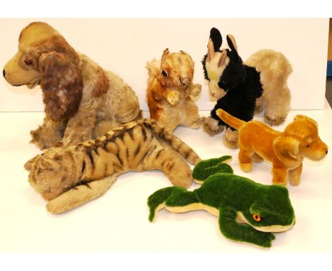 Six Post-War Steiff Animals, including a frog, spaniel and dachshund, two with buttons, with moth activity, (28cm) P-G (6)