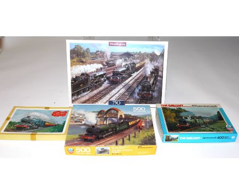 Railway Themed Jigsaw Puzzles,  in plywood and card, assorted sizes, including examples by Victory, Arrow Games (2), Falcon a