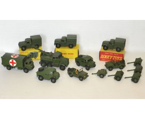 Dinky Military Vehicles, 641 Army one ton Cargo Truck (5) three in original boxes, 674 Austin Champ (2), 688 Field Artillery 