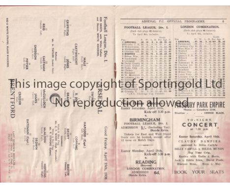 ARSENAL V BRENTFORD 1938    Programme for the League match at Arsenal 15/4/1938, slight red staining throughout.    Generally