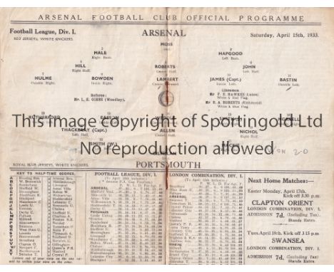 ARSENAL       Home League match v. Portsmouth 15/4/1933. Very slightly creased.    Generally good