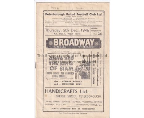PETERBOROUGH - YEOVIL 46    Peterborough United home programme v Yeovil, 5/12/46, Cup 1st Round replay, team changes, score n