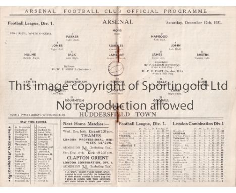 ARSENAL       Home League match v. Huddersfield Town 12/12/1931. Very slightly creased.    Generally good
