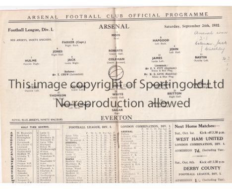 ARSENAL       Home League match v. Everton 24/9/1932. Very slightly creased, team changes.    Generally good