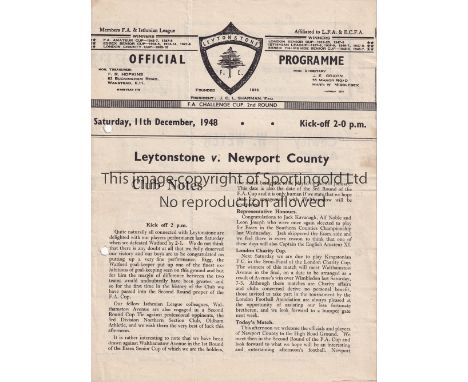 LEYTONSTONE - NEWPORT 48   Leytonstone home programme v Newport County, 11/12/48, Cup 2nd Round, Newport won 4-3 after extra 