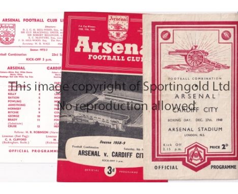 ARSENAL      Eight Reserve Team programmes v. Cardiff City. Homes 27/12/48 small tape inside, 8/11/58, 23/10/71 creased, 23/9