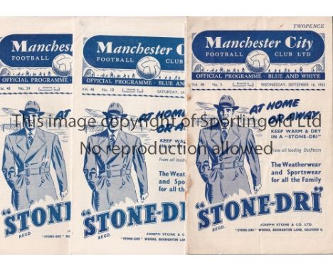 MAN CITY 53-4 Eleven Manchester City home programmes, 53/4, v Huddersfield, Man Utd, Tottenham (Cup), Blackpool, Liverpool (s