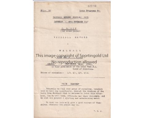VAUXHALL - WALSALL AT LUTON   Scarce  four page programme, Vauxhall Motors  v Walsall, 29/11/47, Cup 1st round, played at Lut