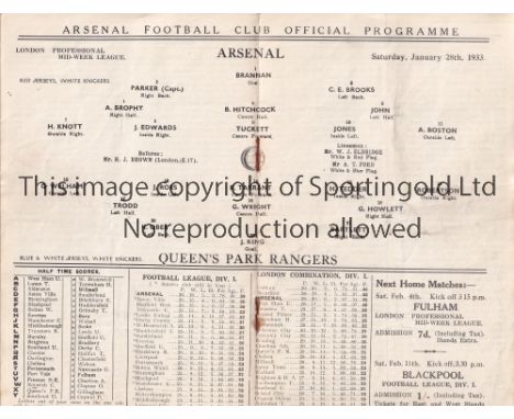 ARSENAL V QPR 1933     Full 8 page programme for the London Professional Mid-week League match at Arsenal 28/1/1933.   Genera