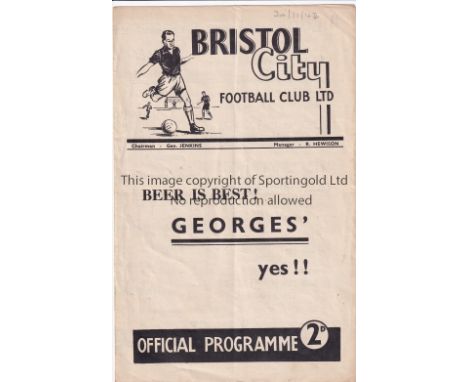 BRISTOL CITY - HAYES 46   Bristol City home programme v Hayes, Cup 1st Round, 30/11/46, slight fold, score, scorers noted at 