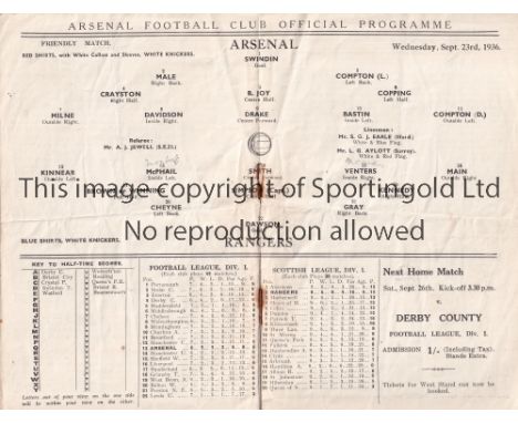 ARSENAL V RANGERS 1936     Programme for the Friendly at Arsenal 23/9/1936, slightly creased.    Generally good