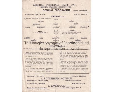 ARSENAL / MILLWALL    Single sheet Arsenal Reserves v Millwall Reserves 1st September 1948. Team change. Folds. Some restorat