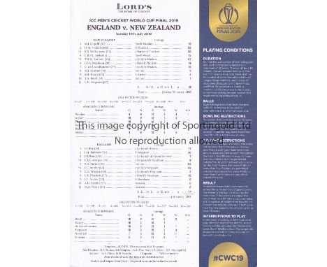 CRICKET WORLD CUP FINAL 2019     Completed final scorecard (printed) for the England v New Zealand 2019 Cricket World Cup Fin