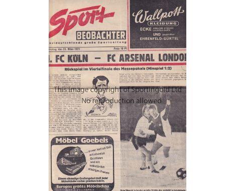 ARSENAL    Sport Beobachter issue programme for the away Fair Cup match v. Cologne 23/3/1971 in Arsenal's Double season.   Go