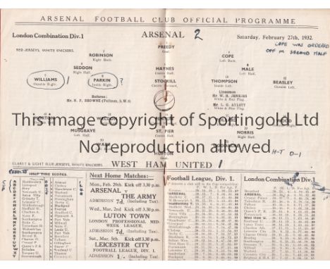 ARSENAL       Home Reserve Team London Combination match v. West Ham United 27/2/1932. Team changes.    Generally good