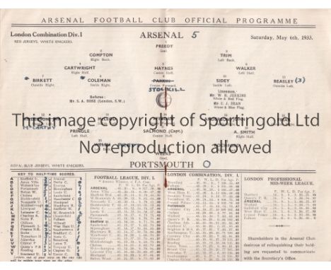 ARSENAL       Home Reserve Team London Combination match v. Portsmouth 6/5/1933, 12 page end of season issue. Team changes.  