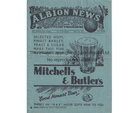 WEST BROMWCH ALBION V ARSENAL 1937      Programme for the FA Cup tie at Albion 6/3/1937, slight horizontal crease.   Generall