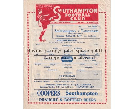SOUTHAMPTON V TOTTENHAM 1947     Single sheet programme for the League match at Southampton 4/10/1947, slightly creased.    G