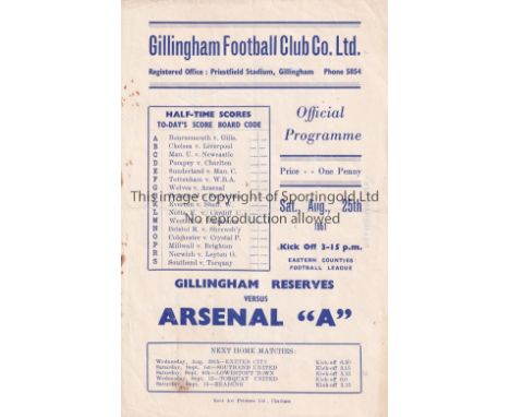 ARSENAL    Single sheet programme for the away Eastern Counties League match v. Gillingham Reserves 25/8/1951, slight horizon