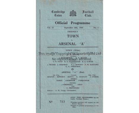 ARSENAL     Programme for the away Friendly v. Cambridge Town 18/9/1948, horizontal crease.   Generally good