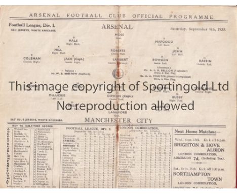 ARSENAL - MAN CITY 1933   Arsenal home programme v Manchester City, 9/9/1933, staples removed.  Fair-generally good