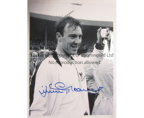 JIMMY GREAVES     Signed Black and white photo "16x12" of Jimmy Greaves in bold blue marker pen with his Winners' Medal after