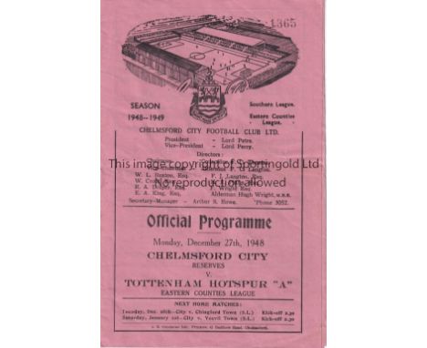 CHELMSFORD - TOTTENHAM 48   Chelmsford City Reserves home programme v Tottenham "A", 27/12/48, Eastern Counties League, fold,