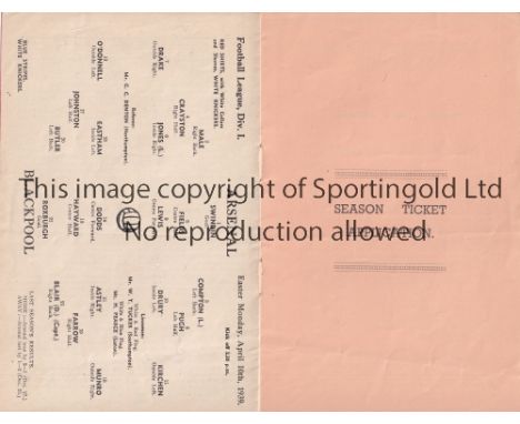 ARSENAL V BLACKPOOL 1939    Programme with season ticket application form for the League match at Arsenal 10/4/1939, very sli
