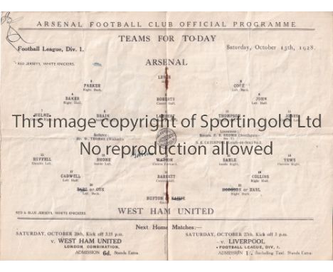 ARSENAL       Home League match v. West Ham United 13/10/1928. Creased and team changes.    Generally good