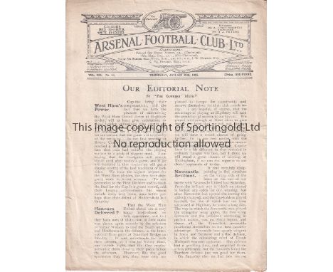 ARSENAL       Home FA Cup match v. West Ham United 21/1/1925. Slightly creased and scores entered.    Generally good