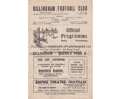 GILLINGHAM - QPR 48    Gillingham home programme v QPR, 10/1/48, Cup 3rd Round and the Gills held their League opponents to a