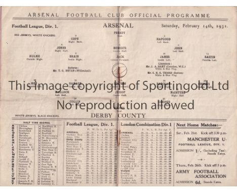 ARSENAL       Home League match v. Derby County 14/2/1931. Slightly creased.    Generally good
