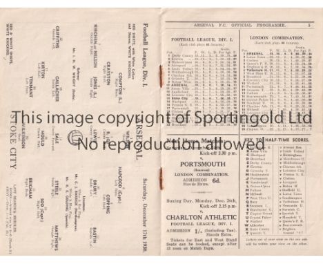 ARSENAL V STOKE CITY 1938    Programme for the League match at Arsenal 13/12/1938, slight horizontal crease.    Generally goo
