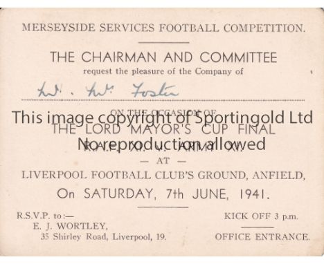 LIVERPOOL    Official invitation ticket to the Lord Mayors Cup Final RAF v Army at Anfield 7th June 1941. Generally good   