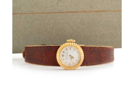 ROLEX PRECISION, MANUAL WIND WRIST WATCH  the round dial with wedge hour markers, 15mm case, on a brown strap, in box, with t